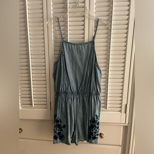 Embroidered jean romper